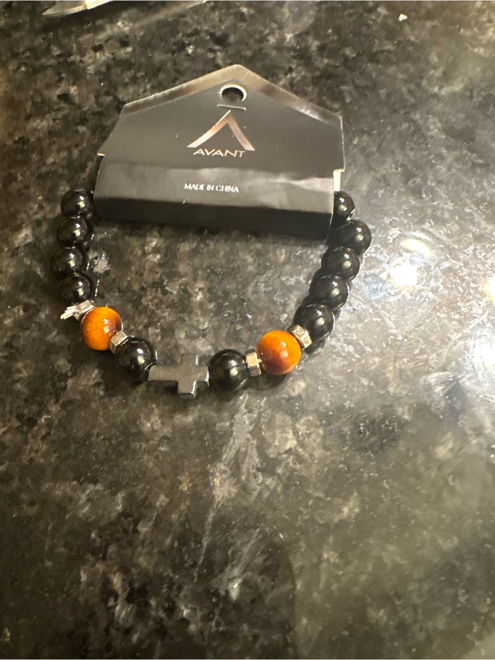 Avanti Black Beaded Bracelet with Orange Accent Beads and Cross